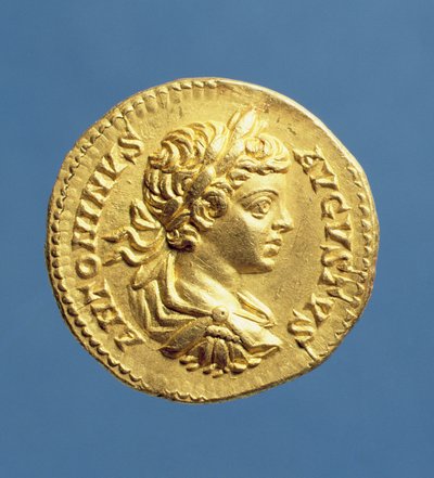 Aureus (avers) avec tête de Caracalla (196-217) raisins, cuirassé, portant une couronne de laurier. Frappé sous Septime Sévère (193-211) Inscription : ANTONINVS AVGUSTVS - Roman